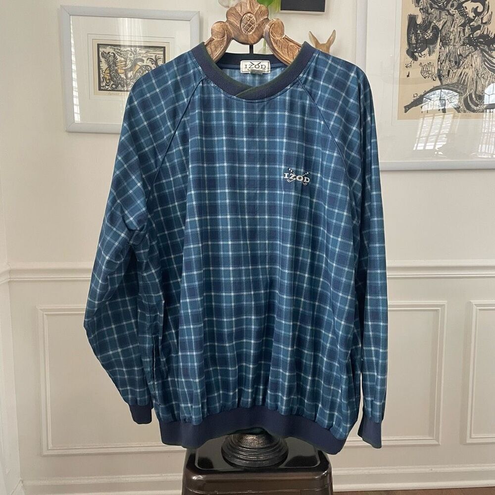 Vintage 90s Izod Plaid Golf Pullover Soft Shell Windbreaker Knit Waist Cuff Blue
